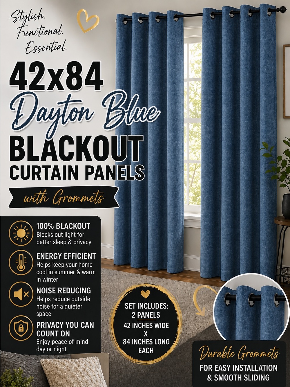 Eclipse with Grommet Curtain Panel x2, color Dayton Blue, 42x84